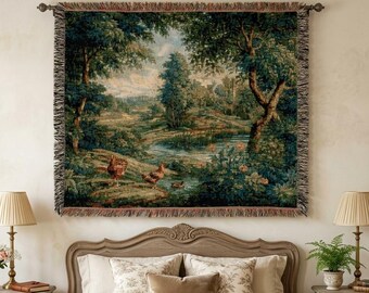 May include: A rectangular woven wall tapestry featuring a detailed landscape scene with lush green trees, a calm river, and several chickens in the foreground. The tapestry has a fringed border and is suspended from a dark metal rod.