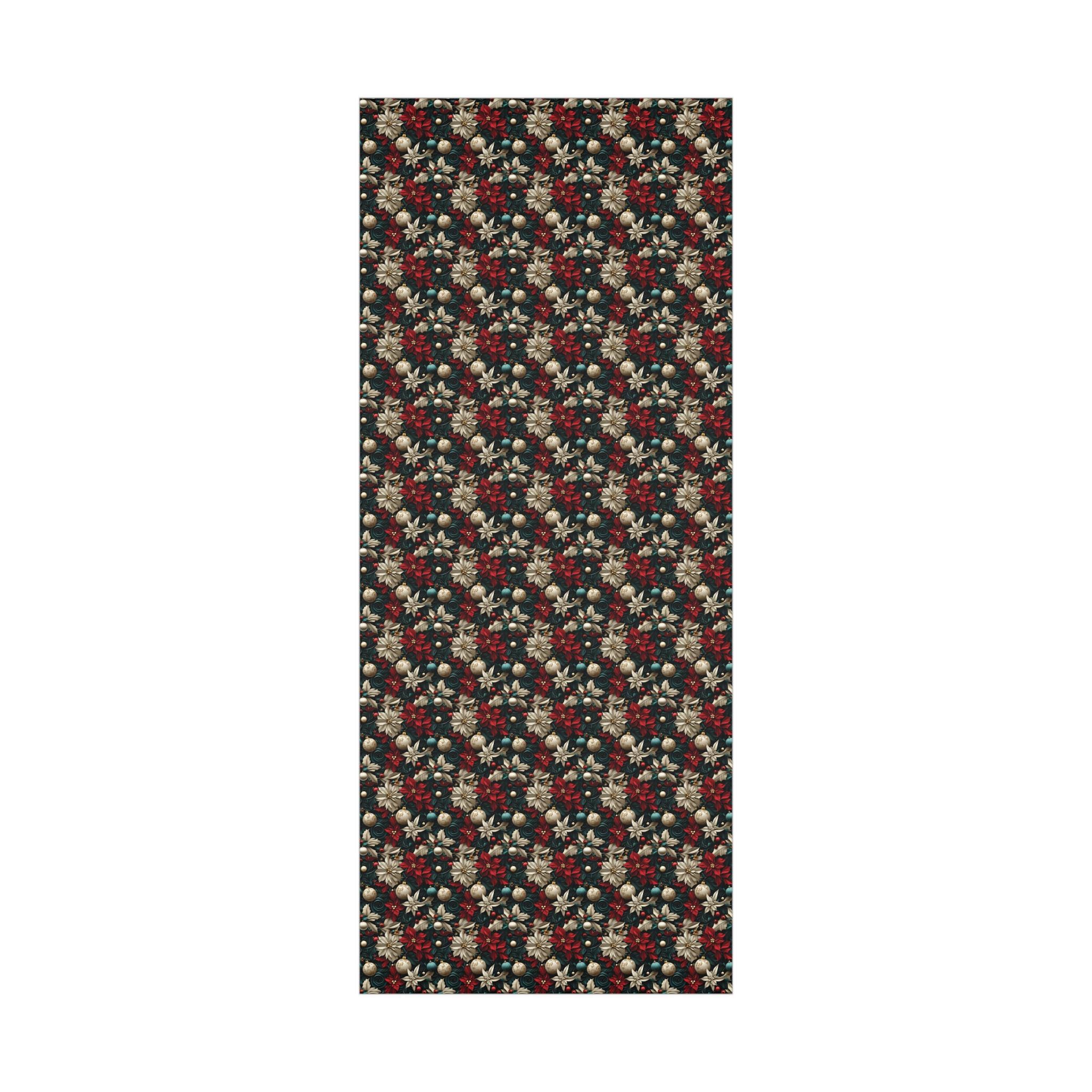 Elegant Christmas Wrapping Paper – 3D Textured Effect Poinsettias, Ornaments, and Holly Festive Holiday Gift Wrap, Unique Decorative Paper