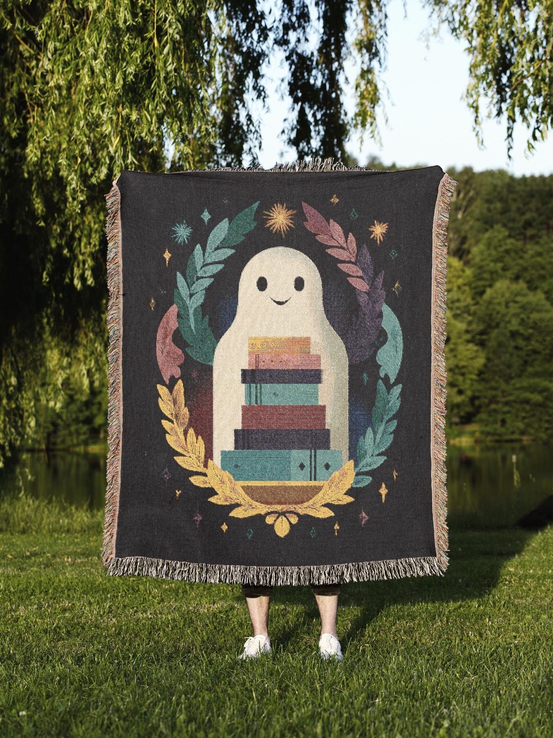 Bookish Ghost Woven Throw Blanket | Spooky Cute Reading Ghost Tapestry ...