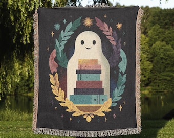 Bookish Ghost Woven Throw Blanket | Spooky Cute Reading Ghost Tapestry, Dark Academia Library Decor, Cozy Goth Blanket, Book Lover Gift
