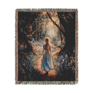 Fairy in The Enchanted Forest Woven Tapestry Blanket | Dark Fairycore Gothic Cottagecore Aesthetic Throw | Mystical Woodland Path Home Decor