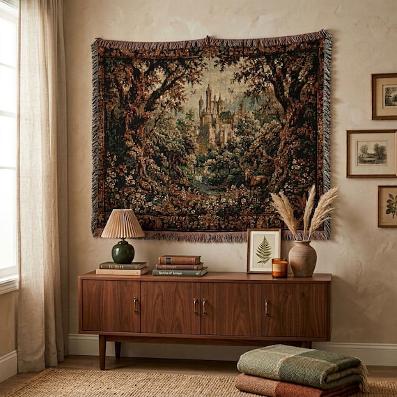 Medieval Forest Castle Tapestry, Gothic Verdure Wall Hanging, Extra Large Vintage Castlecore Wall Decor Landscape