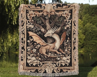 Medieval Aesthetic Dragon Blanket | Fairytale Inspired Decor Morris Style Cottagecore Nursery Fairycore Woven Throw Tapestry Botanical