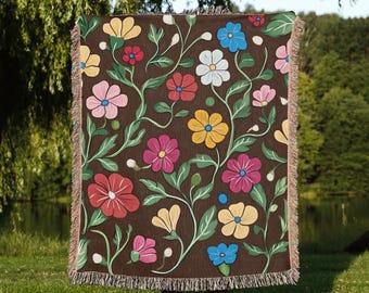 Piano Floral Woven Blanket, Colorful Flower Throw, 100% Cotton Tapestry, Cottagecore Decor, Music Lover Gift