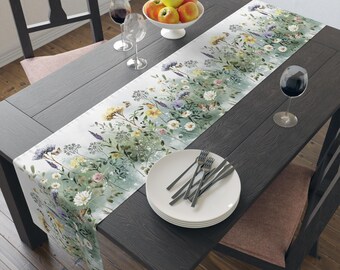 Watercolor Wildflower Table Runner, Green White Cottagecore Decor, Rustic Wedding, Spring Dining Accent, Botanical Farmhouse Table Linen