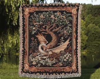Medieval Dragon Tapestry, Fairytale Nursery Decor, Morris Style Woven Throw, Cottagecore Fairycore Blanket, Dragon Art Blanket