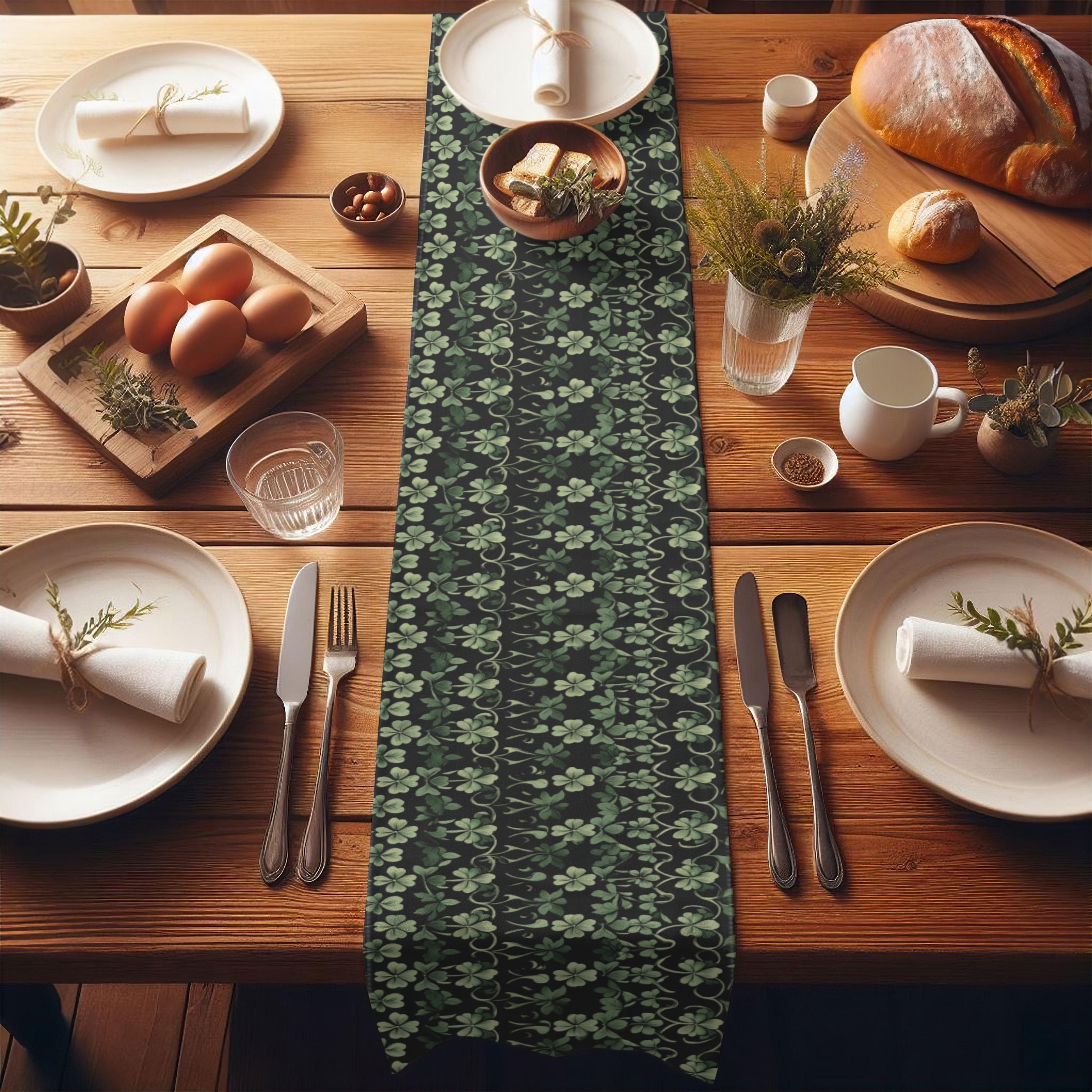 Art Nouveau Floral Table Runner w/ Shamrock Pattern, Timeless Deep Green Botanical Design, Sophisticated St. Patrick’s Day Table Centerpiece