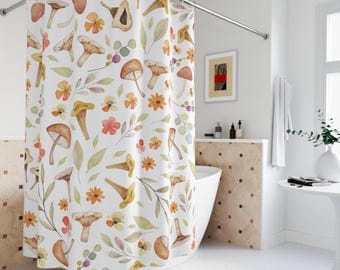 Whimsical Mushroom and Floral Shower Curtain - Rustic Cottagecore Forestcore Bathroom Decor in Earthy Tones of Orange, Green, and Brown