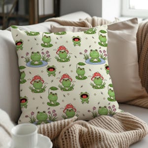 Whimsical Frog and Mushroom Throw Pillow Cover with Insert - Cottagecore, Mushroomcore, Forestcore, Farmhouse Decor Cushion, Lumbar Pillow