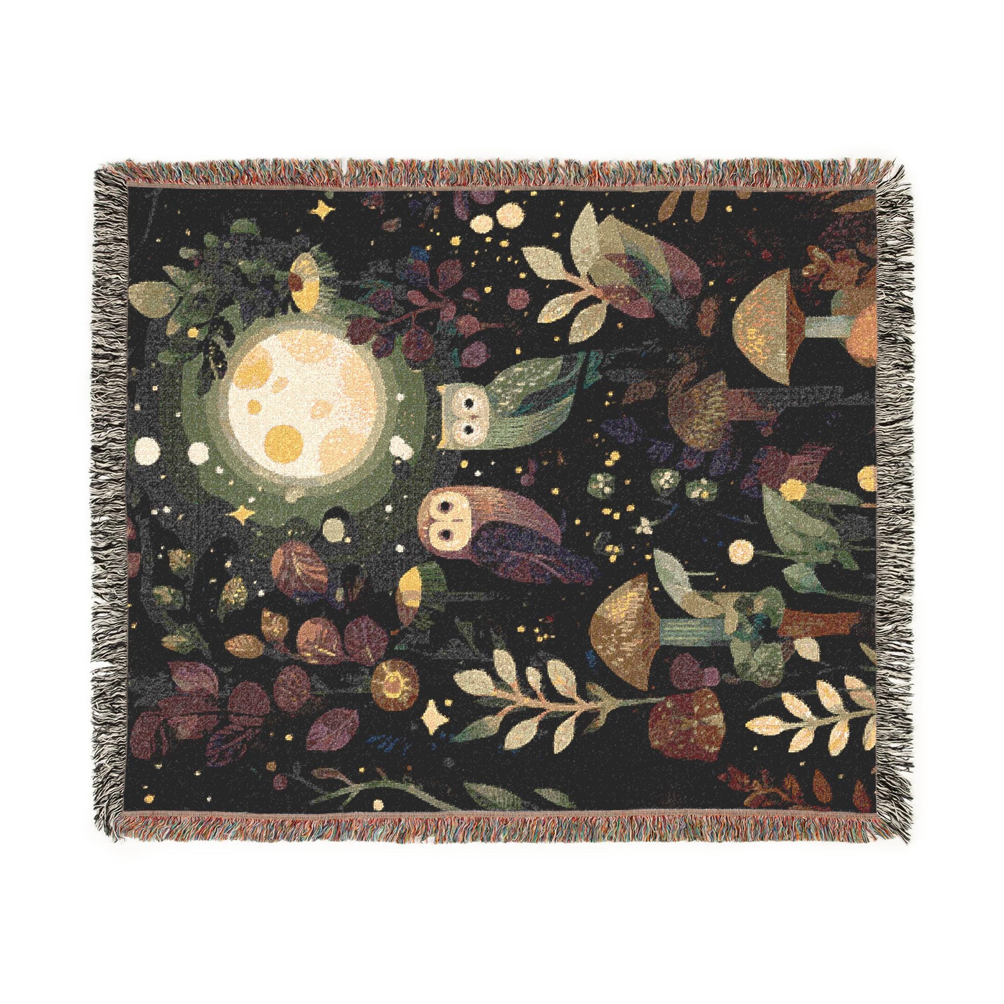 Moonlit Owls & Mushrooms Woven Blanket | Woodland Night Tapestry Throw, Celestial Cottagecore Fa