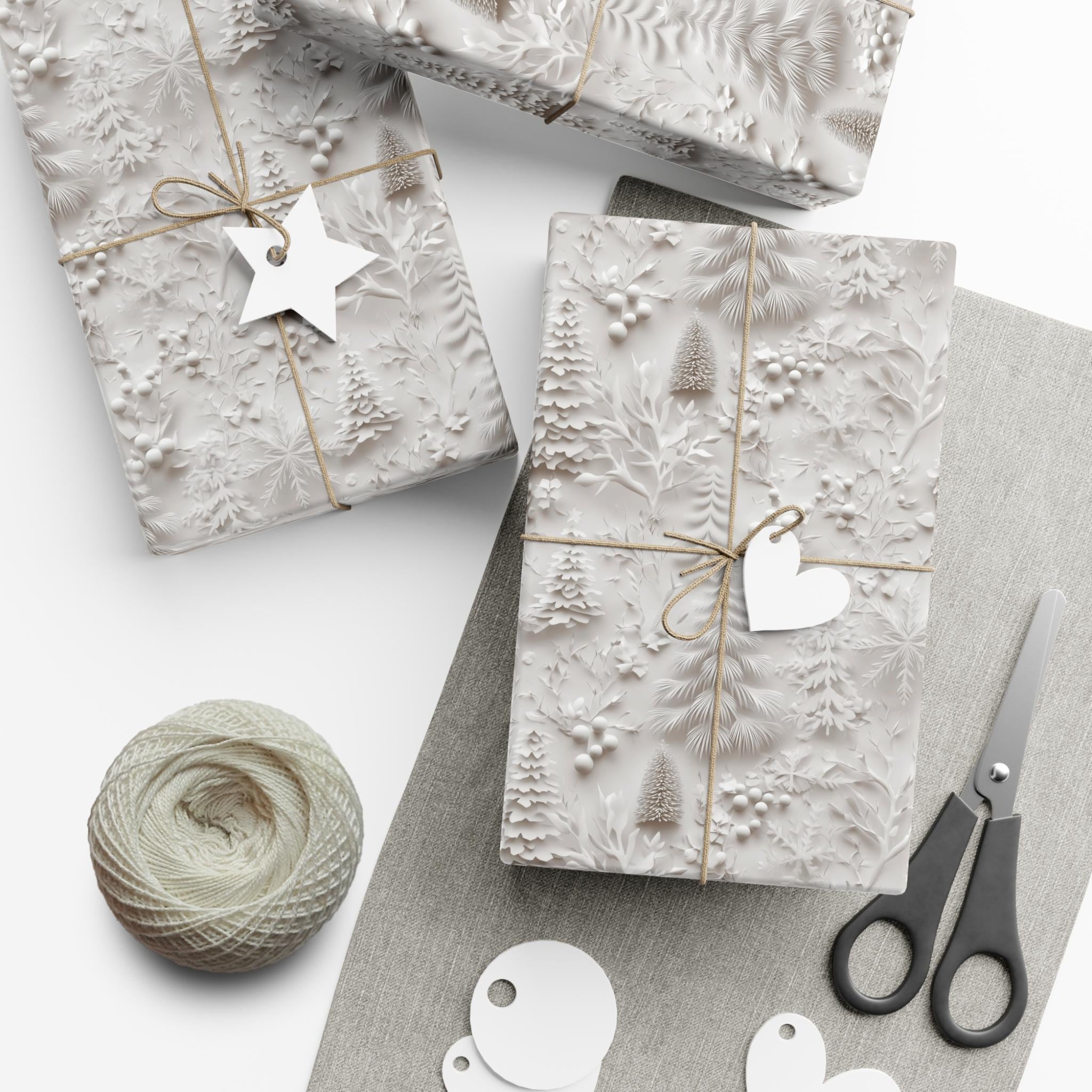 Elegant White Christmas Wrapping Paper, Faux 3D Trees and Foliage Embossed Effect for Minimalistic Holiday Gift Wrap, Decorative Paper