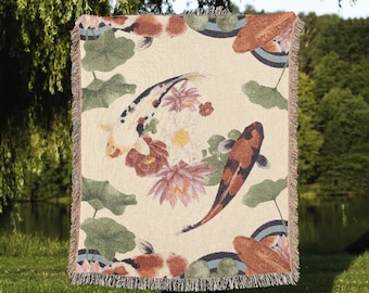 Koi Fish Woven Blanket with Lotus Flowers | Asian-Inspired Pond Tapestry Throw | Zen Garden Decor | Japanese Nature Art Blanket Gift