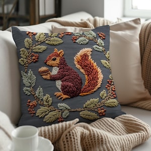 Woodland Squirrel Pillow with Embroidered Effect Leaf Wreath, Fall Forest Decor Accent, Autumn Throw Pillow Cover + Insert, Rustic Animal