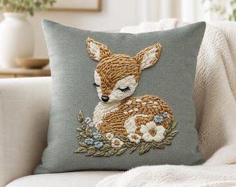 Baby Deer Throw Pillow with Insert, Floral Fawn Woodland Nursery Decor, Neutral Forest Animal Pillow
