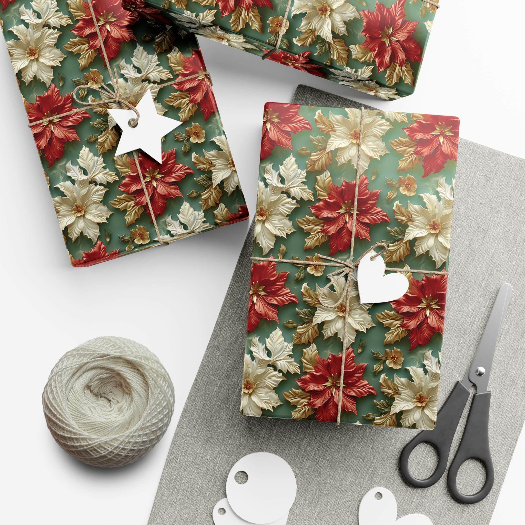 Elegant Poinsettia Christmas Wrapping Paper, Red & White Floral Design with Gold Accents on Green Background for Luxurious Holiday Gift Wrap