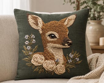 May include: A square throw pillow in a dark forest green fabric featuring a detailed embroidered design of a young deer head. The deer is surrounded by cream-colored embroidered roses and small light blue floral sprigs at the base.
