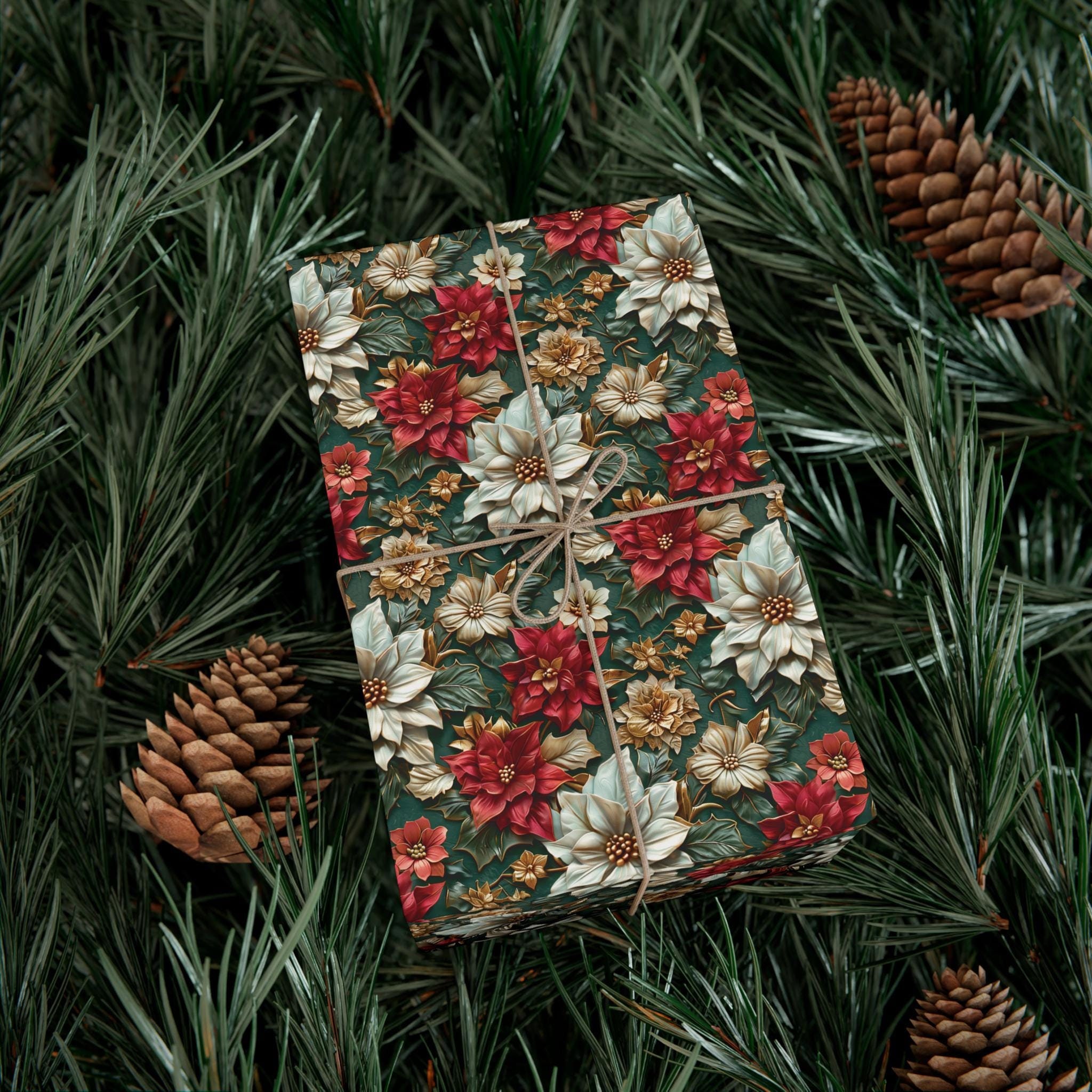 Elegant 3D Effect Poinsettia Christmas Wrapping Paper, Red, White & Gold Floral Design on Green Background for Luxurious Holiday Gift Wrap