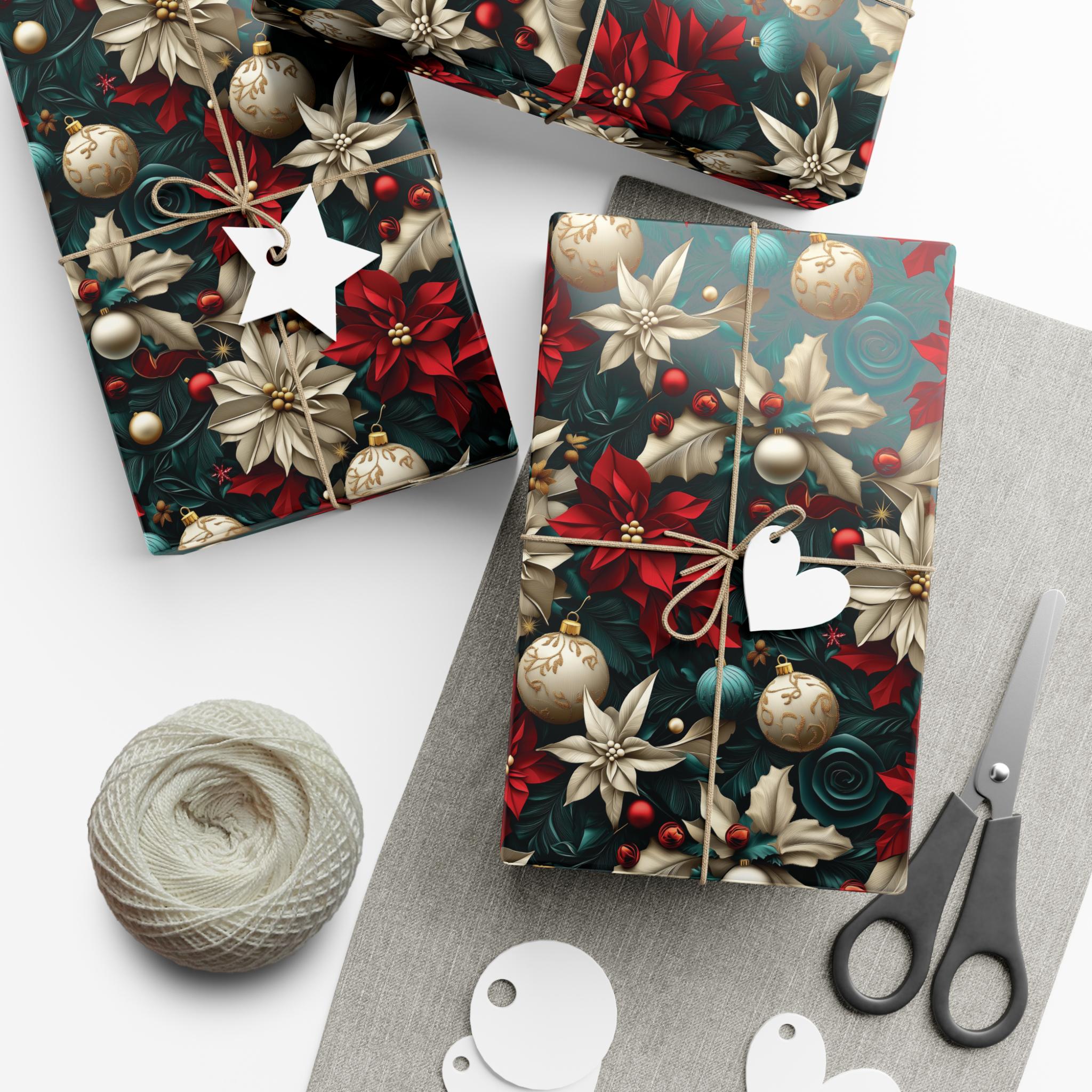 Elegant Christmas Wrapping Paper – 3D Textured Effect Poinsettias, Ornaments, and Holly Festive Holiday Gift Wrap, Unique Decorative Paper