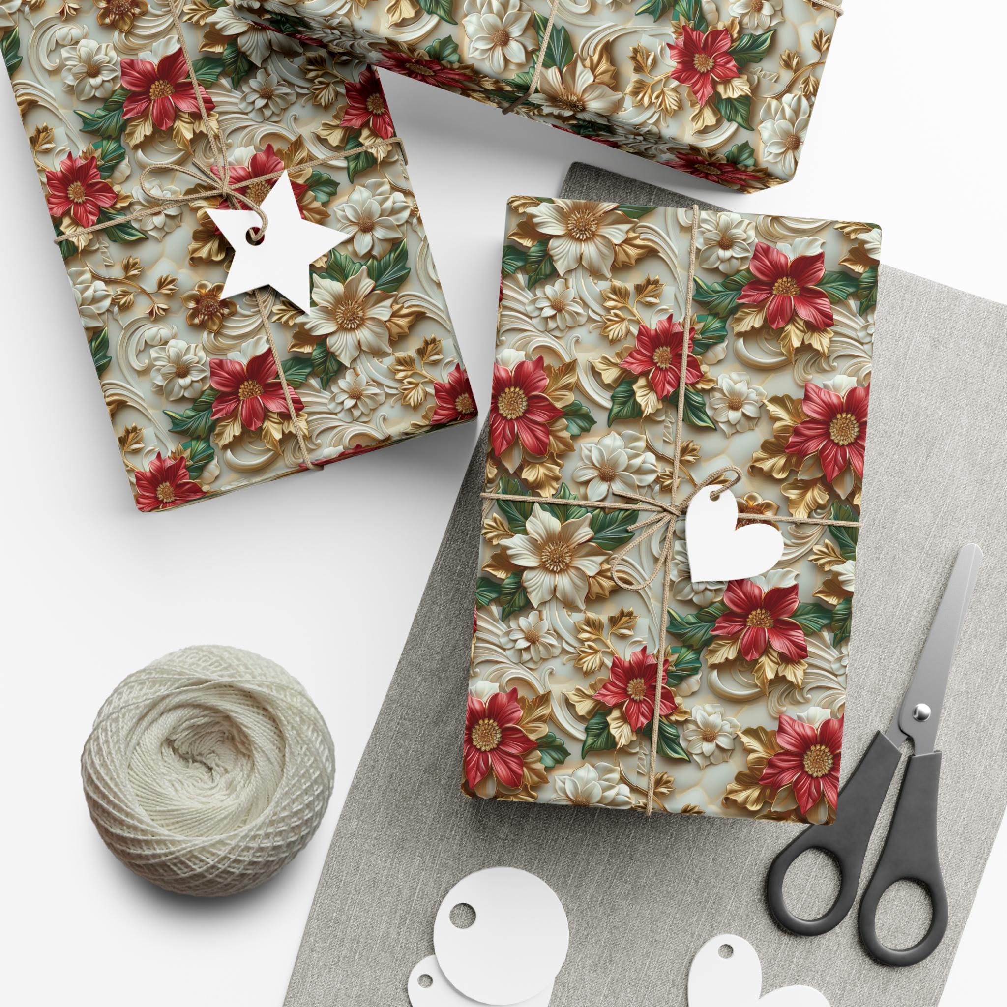 Luxurious 3D Effect Poinsettia Christmas Wrapping Paper – Red and White Flowers with Gold Accents for Elegant Holiday Gift Wrap
