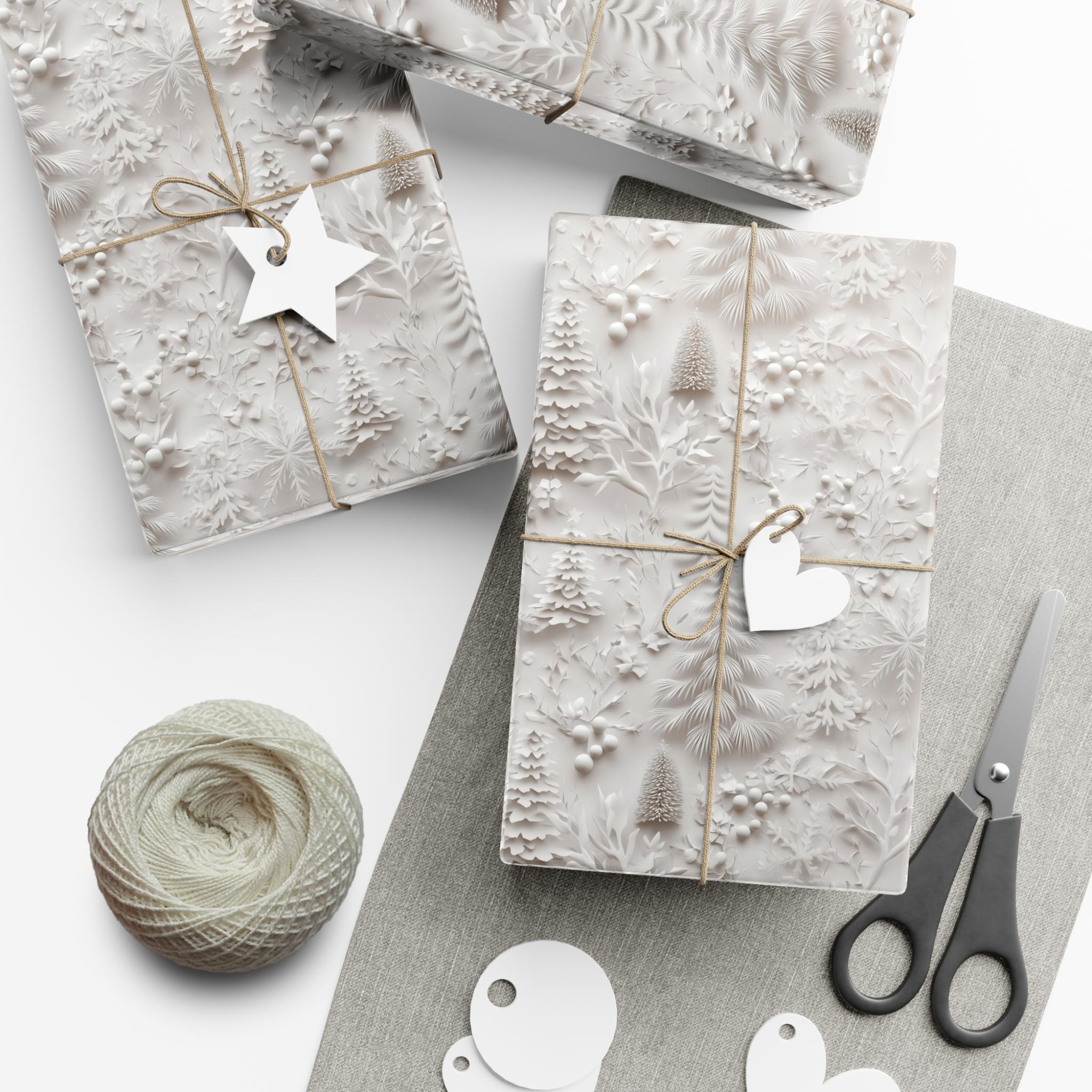 Elegant White Christmas Wrapping Paper, Faux 3D Trees and Foliage Embossed Effect for Minimalistic Holiday Gift Wrap, Decorative Paper