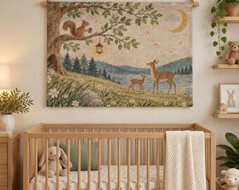 鹿と子鹿の織りタペストリークッション、森の子供部屋アート、月明かりの森の子供部屋の壁飾り