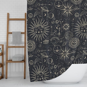 Boho Celestial Shower Curtain | Sun Moon Stars Planets | Bohemian Bathroom Decor, Black Bathroom Accessory, Gift for Her, Housewarming Gift