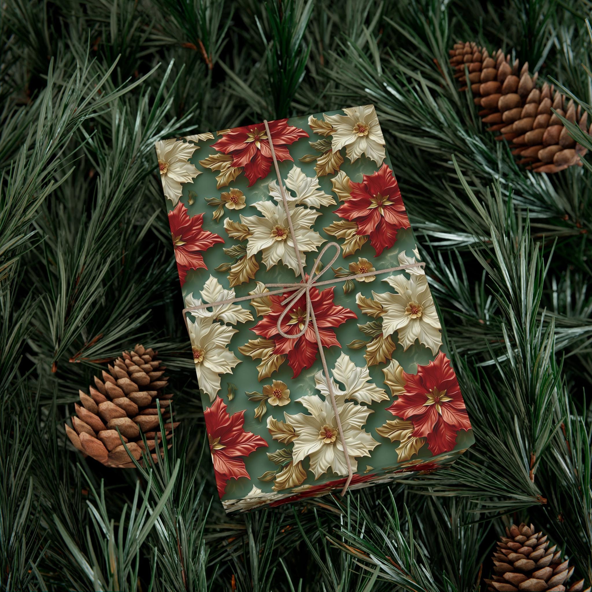 Elegant Poinsettia Christmas Wrapping Paper, Red & White Floral Design with Gold Accents on Green Background for Luxurious Holiday Gift Wrap