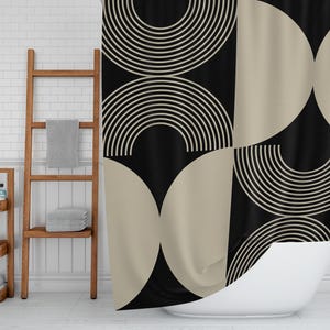 Modern Chic Shower Curtain with Bold Geometric Patterns in Minimalist Beige and Black, Elegant Bathroom Decor, Contemporary Home
