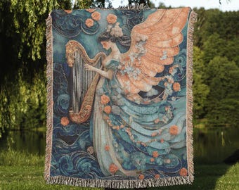 Angel Playing Harp Woven Tapestry Blanket | Angelcore Decor | Ethereal Fantasy Wall Hanging Throw | Whimsical Goddess Home Decor Gift