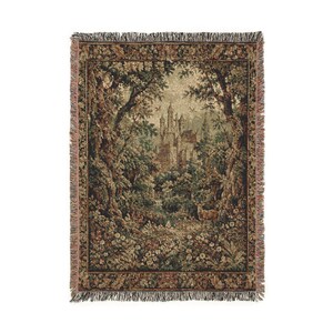 Medieval Forest Castle Tapestry, Gothic Verdure Wall Hanging, Extra Large Vintage Castlecore Wall Decor 80" × 60"