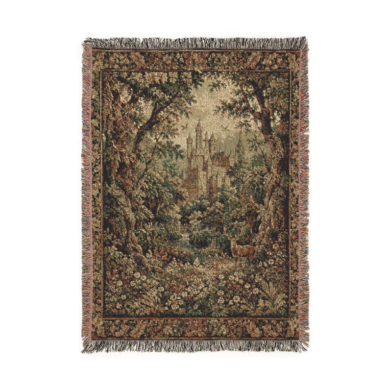 Medieval Forest Castle Tapestry, Gothic Verdure Wall Hanging, Extra Large Vintage Castlecore Wall Decor 80" × 60"