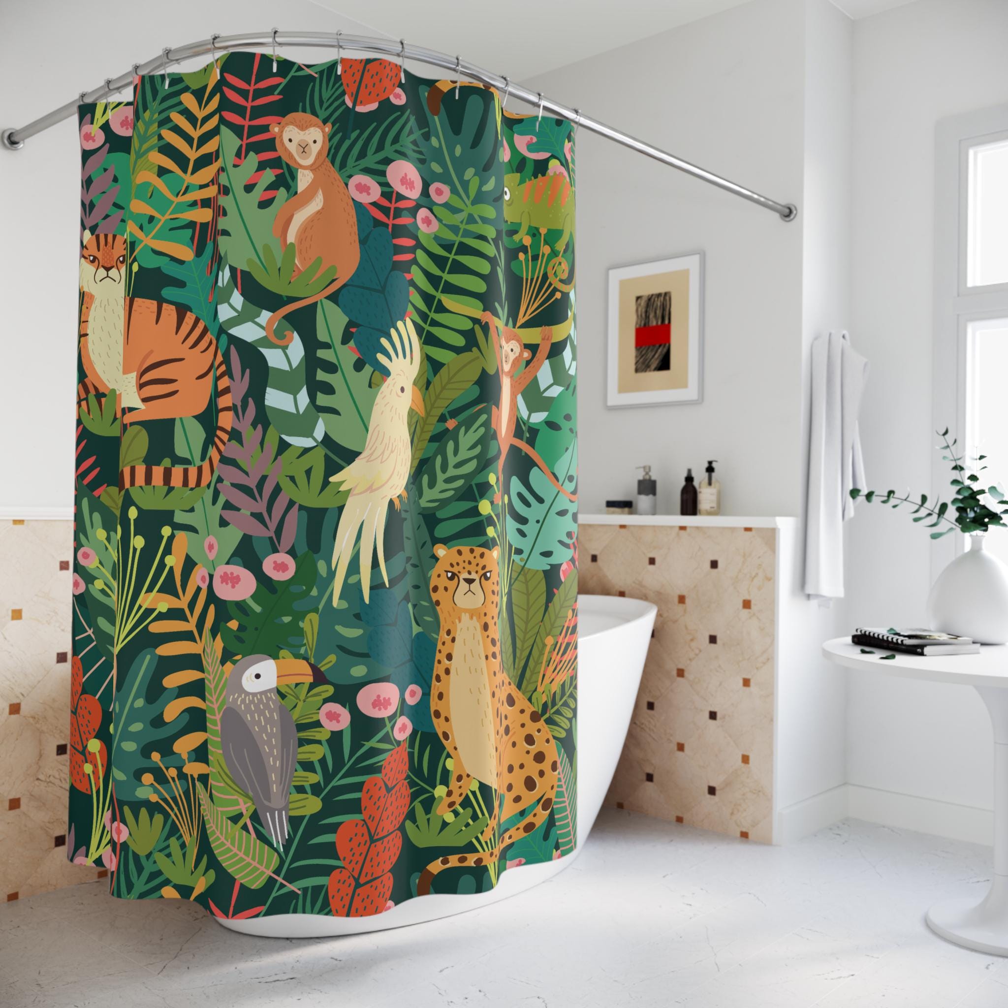 Whimsical Jungle Scene Shower Curtain - Vibrant Nature Lovers Bathroom