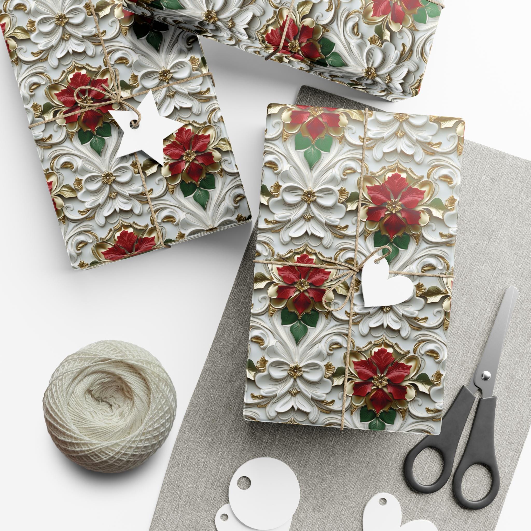 Elegant Poinsettia Christmas Wrapping Paper, 3D Effect Red and Gold Floral Design on White Damask Background for Luxurious Holiday Gift Wrap