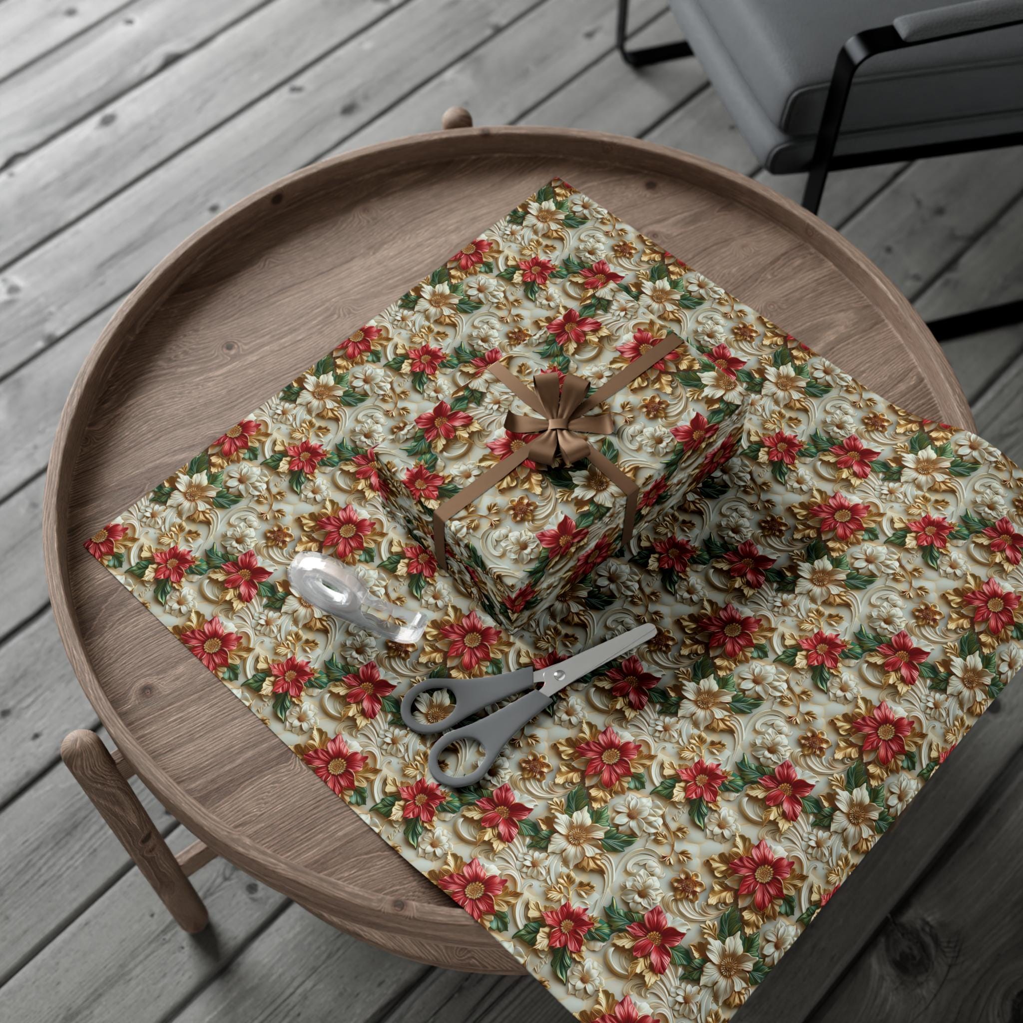 Luxurious 3D Effect Poinsettia Christmas Wrapping Paper – Red and White Flowers with Gold Accents for Elegant Holiday Gift Wrap