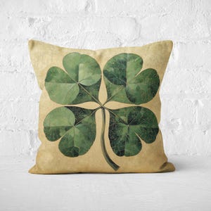 Vintage Clover Throw Pillow Cover + Insert, St. Patrick’s Day Cushion, Rustic Lucky Four Leaf Clover Decor, Irish Home Accent, Crackle Art