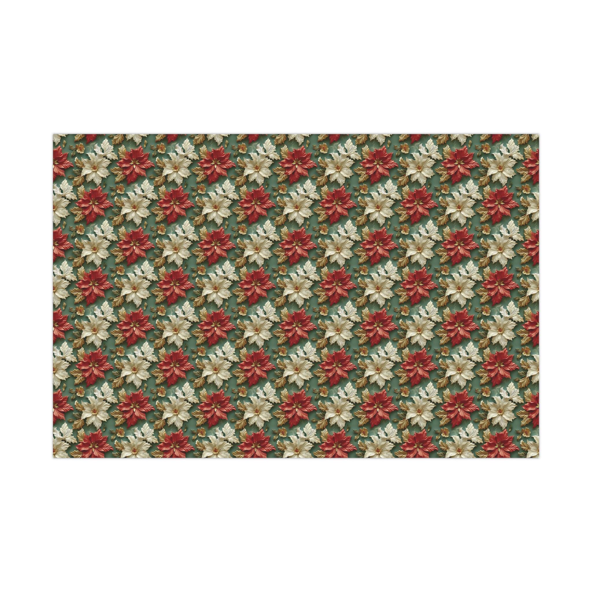 Elegant Poinsettia Christmas Wrapping Paper, Red & White Floral Design with Gold Accents on Green Background for Luxurious Holiday Gift Wrap