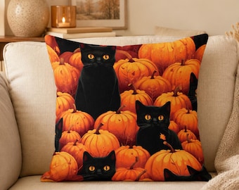 Black Cat Pumpkin Throw Pillow with Insert, Halloween Fall Decor, Spooky Autumn Cat Lover Accent Pillow