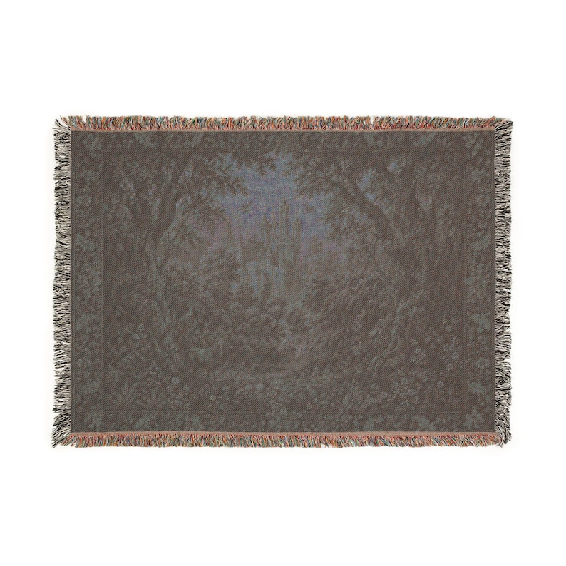 Tapiz medieval de castillo en el bosque, tapiz gótico de vegetación para colgar en la pared, decoración de pared vintage extragrande con paisaje de castillo. imagen 6