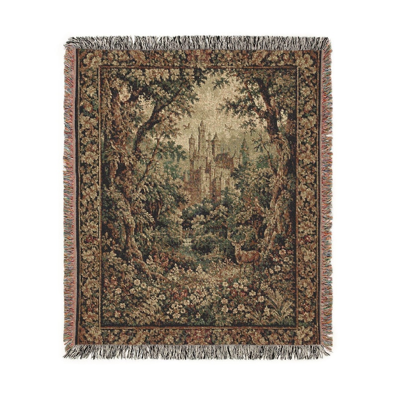 Medieval Forest Castle Tapestry, Gothic Verdure Wall Hanging, Extra Large Vintage Castlecore Wall Decor 60" × 50"