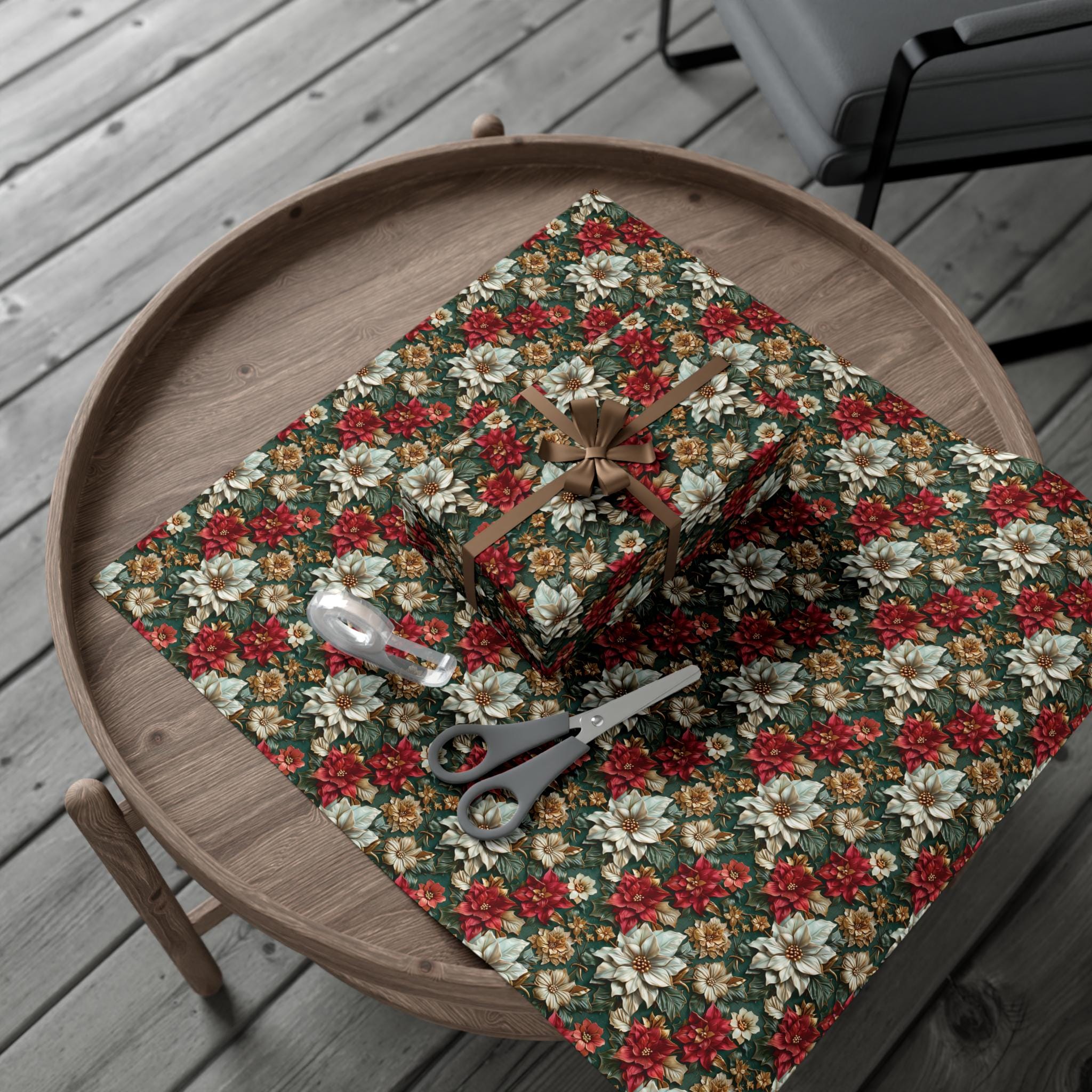 Elegant 3D Effect Poinsettia Christmas Wrapping Paper, Red, White & Gold Floral Design on Green Background for Luxurious Holiday Gift Wrap