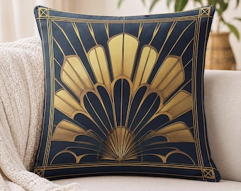 Art Deco Throw Pillow with Insert, Navy Blue and Gold Geometric Fan Accent Pillow, Glam Home Decor