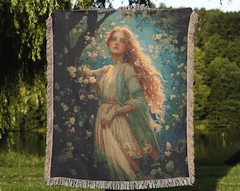 Ethereal Woodland Maiden Woven Blanket | Enchanted Forest Fairycore Tapestry | Romantic Goddess Throw | Cottagecore Wall Decor Gift for Her