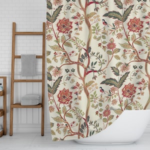 Vintage Tree of Life Shower Curtain - Jacobean Florals (Cream & Red), Chickadee Birds Design, Maximalist Bathroom Decor, Antique Tapestry