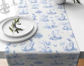 French Country Rabbits & Butterflies Table Runner | Delicate Floral Toile Table Accent, Ivory for Grandmillennial Decor, Easter Table Linen