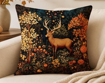 Deer Throw Pillow with Insert, Dark Fall Woodland Decor, Autumn Botanical Stag Forest Accent Pillow, William Morris Style
