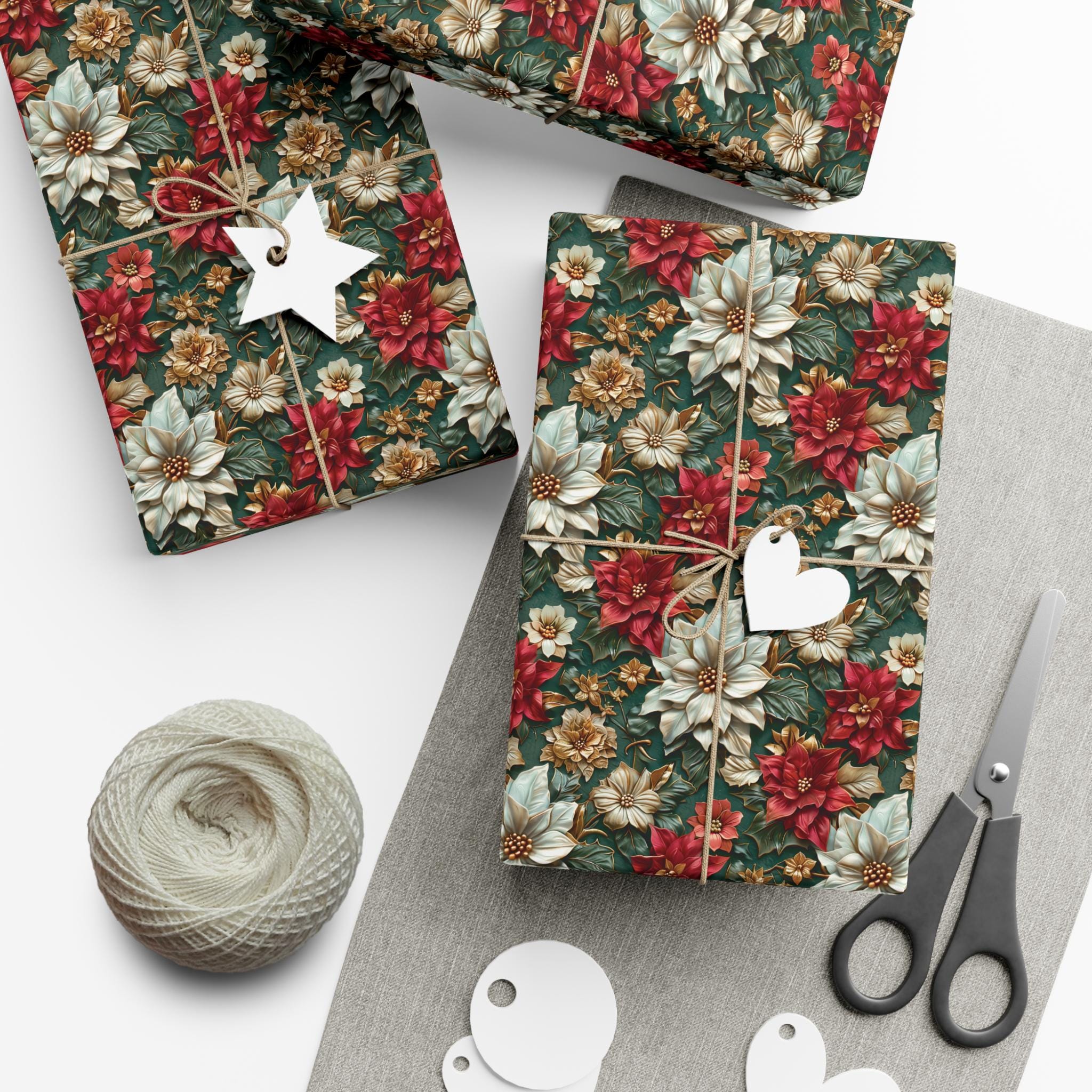 Elegant 3D Effect Poinsettia Christmas Wrapping Paper, Red, White & Gold Floral Design on Green Background for Luxurious Holiday Gift Wrap