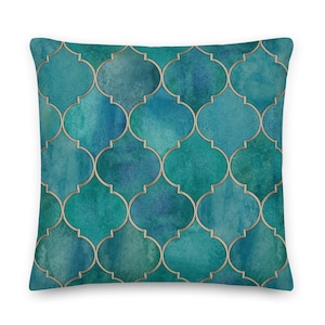 Moroccan Tile Throw Pillow Cover with Insert, Teal and Gold Cushion, Geometric Modern Decor Accent, Luxurious Home Decor, Lumbar Pillow