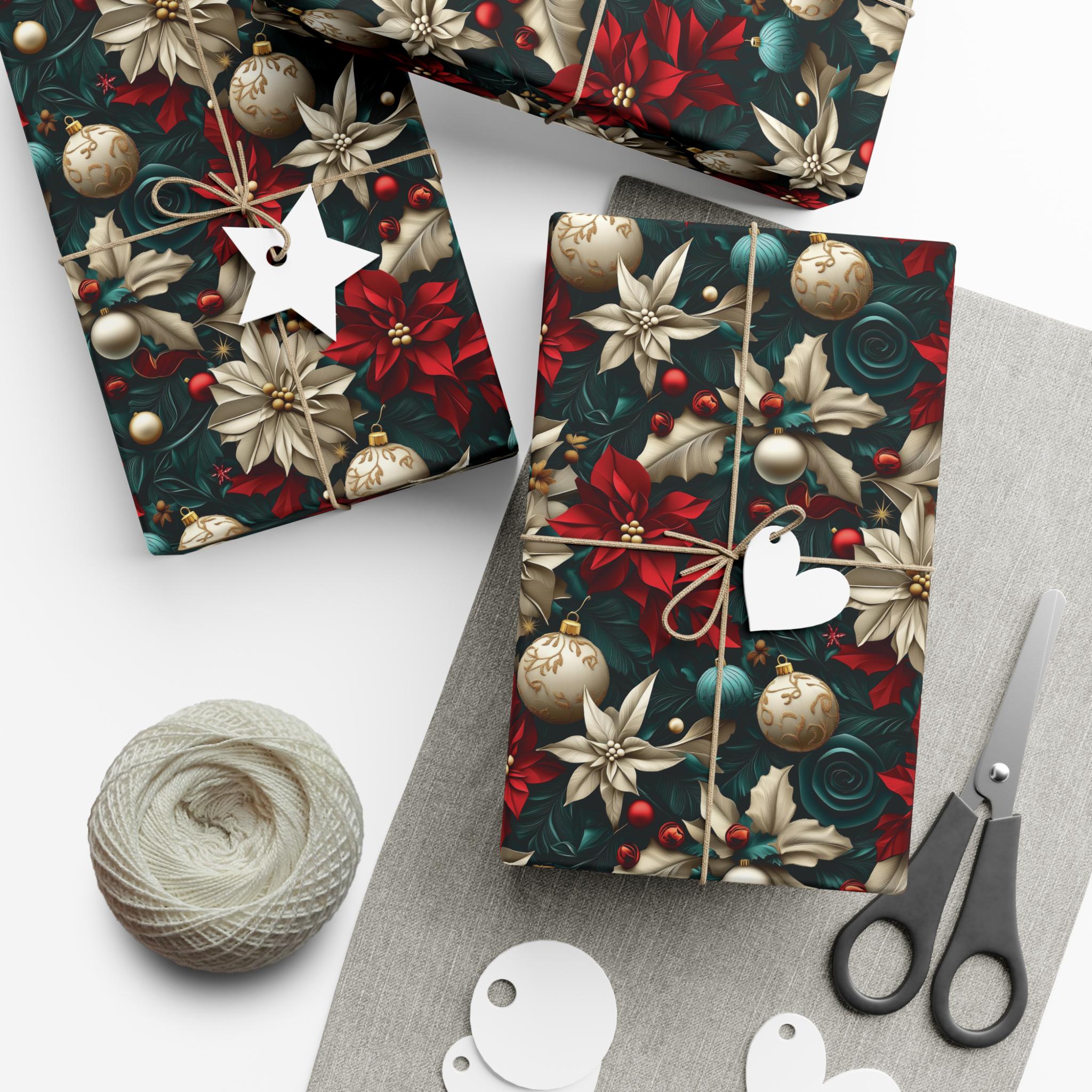 Elegant Christmas Wrapping Paper – 3D Textured Effect Poinsettias, Ornaments, and Holly Festive Holiday Gift Wrap, Unique Decorative Paper