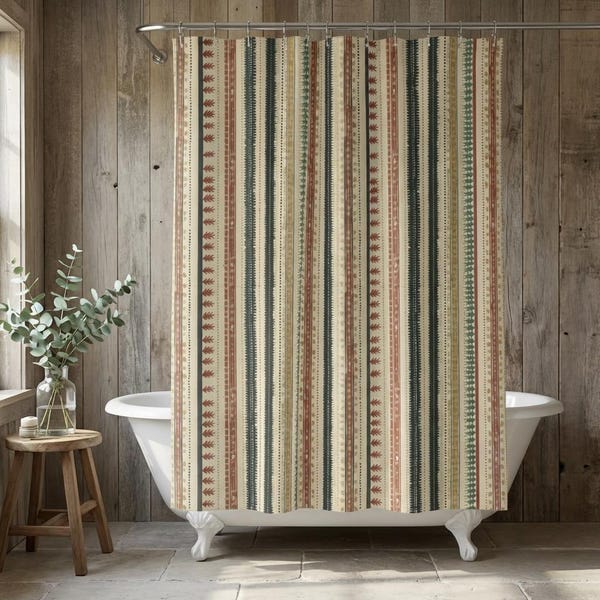 Cortina de ducha bohemia chic con estampado de rayas y bloques, inspiración india, decoración vintage para baño, elegantes accesorios de baño, beige rústico.