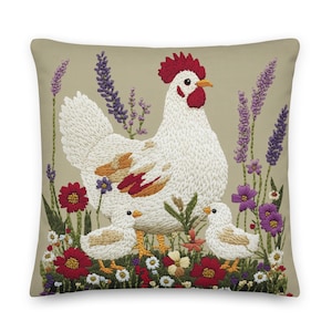 Hen and Chicks Throw Pillow + Insert, Embroidered White Chicken in Lavender and Wildflowers, Farmhouse Cottagecore Decor Gift, Cottagecore